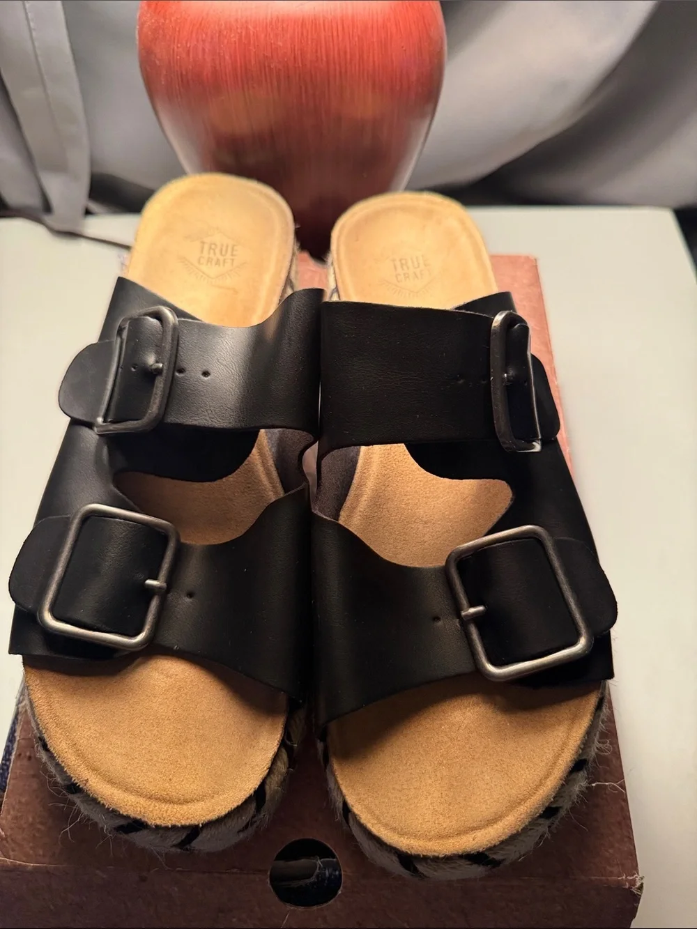 True Craft Black Double Buckle Slide Sandals with Braided Espadrille Sole